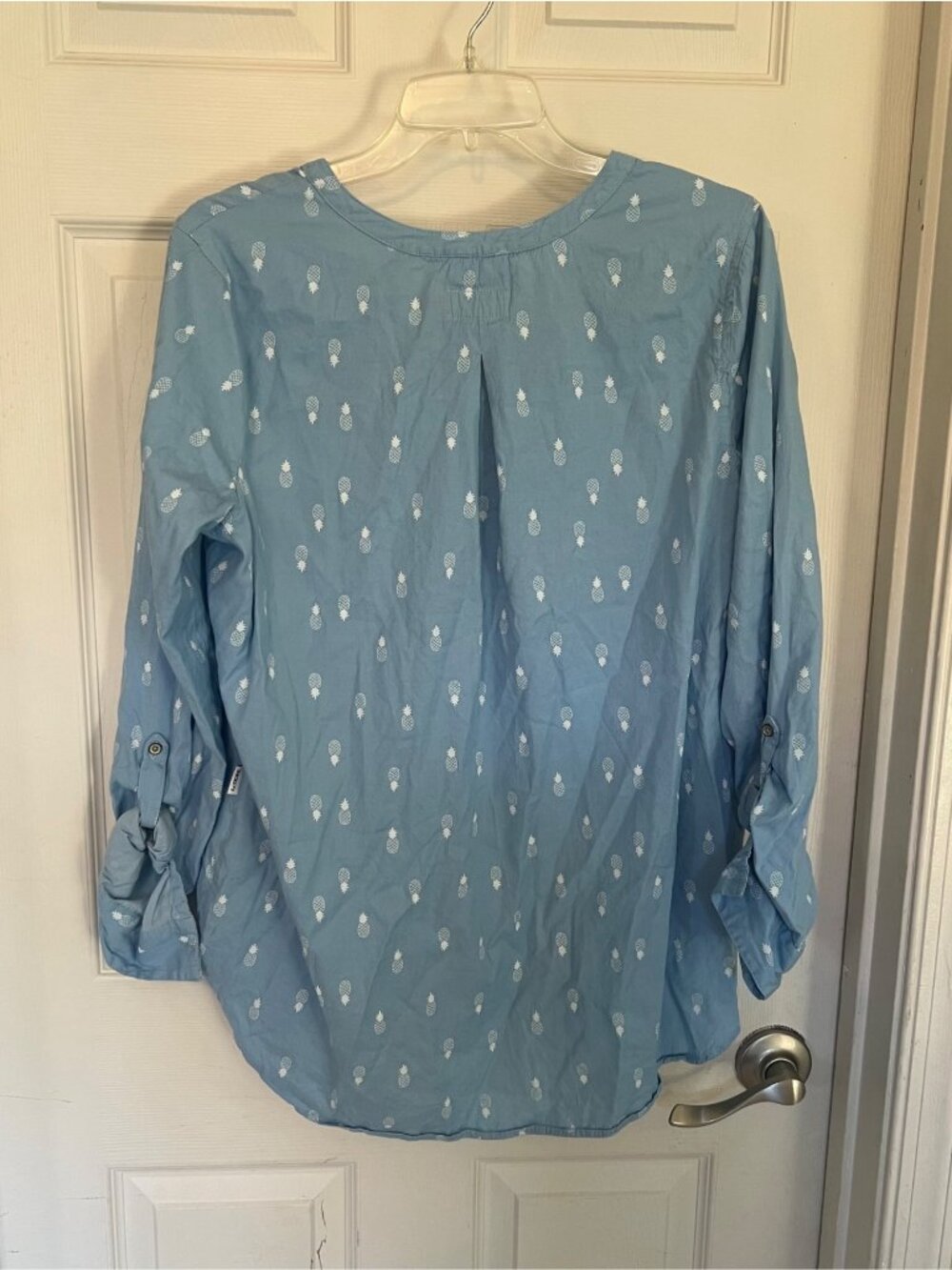 Le Tigre Blue Pullover Tunic Blouse Shirt Roll Tab Pockets Medium Pineapple - Picture 5 of 9